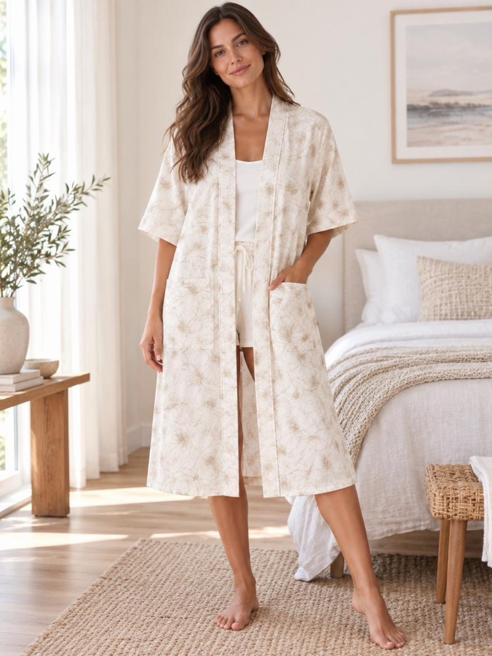 Arianna by Howard’s Floral Kimono Robe One Size Cream Beige